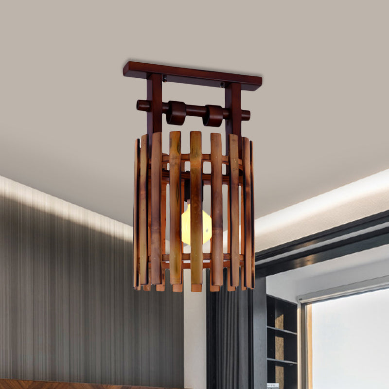 Bamboo Oval/Cylinder Cage Semi-Flush Mount Country 1/2-Light Corridor Ceiling Lamp in Brown with Wood Linear Canopy 1 Brown Clearhalo 'Ceiling Lights' 'Close To Ceiling Lights' 'Close to ceiling' 'Semi-flushmount' Lighting' 728240