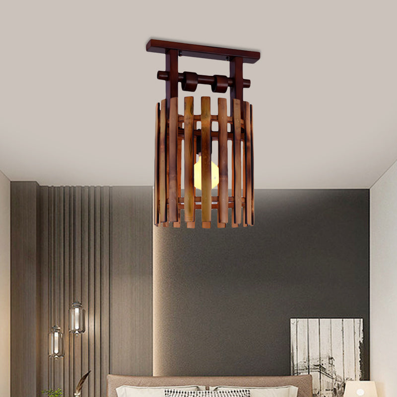 Bamboo Oval/Cylinder Cage Semi-Flush Mount Country 1/2-Light Corridor Ceiling Lamp in Brown with Wood Linear Canopy Clearhalo 'Ceiling Lights' 'Close To Ceiling Lights' 'Close to ceiling' 'Semi-flushmount' Lighting' 728241