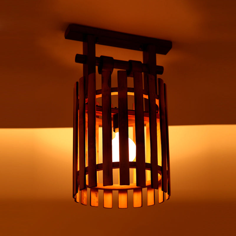 Bamboo Oval/Cylinder Cage Semi-Flush Mount Country 1/2-Light Corridor Ceiling Lamp in Brown with Wood Linear Canopy Clearhalo 'Ceiling Lights' 'Close To Ceiling Lights' 'Close to ceiling' 'Semi-flushmount' Lighting' 728243