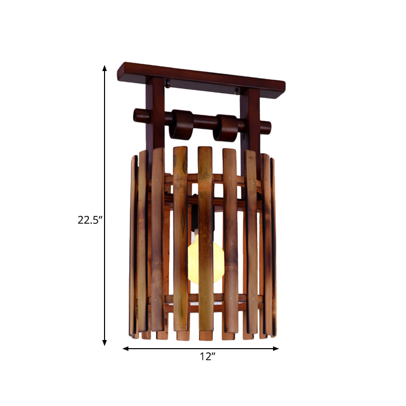 Bamboo Oval/Cylinder Cage Semi-Flush Mount Country 1/2-Light Corridor Ceiling Lamp in Brown with Wood Linear Canopy Clearhalo 'Ceiling Lights' 'Close To Ceiling Lights' 'Close to ceiling' 'Semi-flushmount' Lighting' 728244
