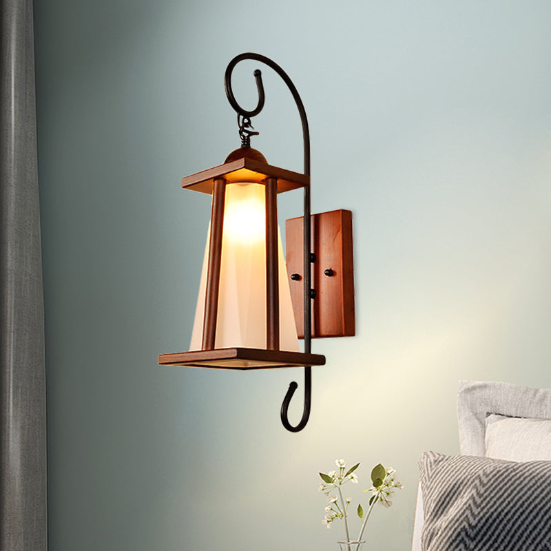 Trapezoid Bedroom Wall Lighting Rustic Frosted Glass 1-Light Brown Wall Light Sconce with Wood Frame Brown Clearhalo 'Wall Lamps & Sconces' 'Wall Lights' Lighting' 728250