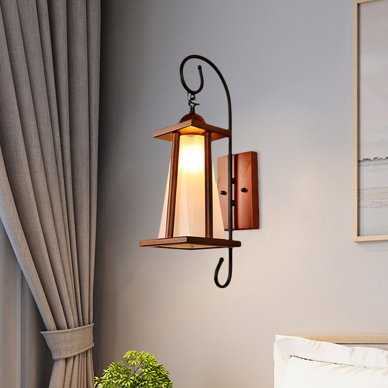 Trapezoid Bedroom Wall Lighting Rustic Frosted Glass 1-Light Brown Wall Light Sconce with Wood Frame Clearhalo 'Wall Lamps & Sconces' 'Wall Lights' Lighting' 728251