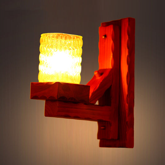 Red Brown Cylinder Wall Mount Lamp Traditional Dimple Glass 1/2-Light Bedroom Sconce Light Fixture with Wood Arm Clearhalo 'Wall Lamps & Sconces' 'Wall Lights' Lighting' 728272