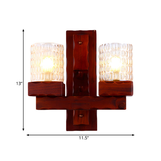 Red Brown Cylinder Wall Mount Lamp Traditional Dimple Glass 1/2-Light Bedroom Sconce Light Fixture with Wood Arm Clearhalo 'Wall Lamps & Sconces' 'Wall Lights' Lighting' 728278