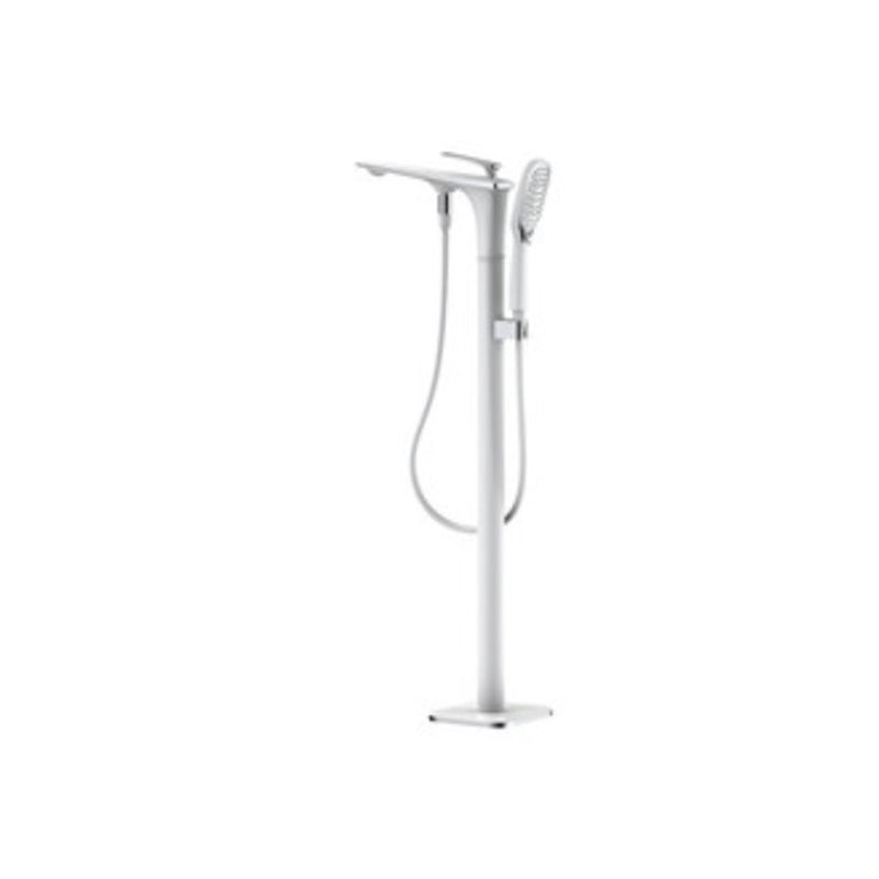 Floor Standing Bathroom Faucet Handheld Shower Bathtub Faucet White-Silver Round Tube Clearhalo 'Bathroom Remodel & Bathroom Fixtures' 'Bathtub Faucets' 'bathtub_faucets' 'Home Improvement' 'home_improvement' 'home_improvement_bathtub_faucets' 7282970