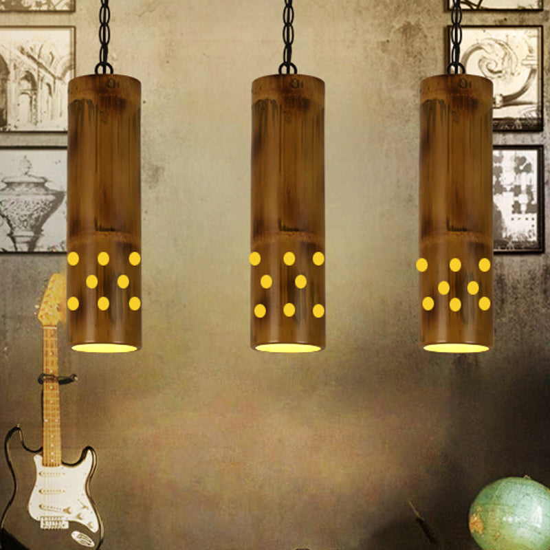 Bamboo Etched Tubular Hanging Light Kit Warehouse 1 Light Dining Room Ceiling Pendant in Brown Brown B Clearhalo 'Ceiling Lights' 'Industrial Pendants' 'Industrial' 'Middle Century Pendants' 'Pendant Lights' 'Pendants' 'Tiffany' Lighting' 728324