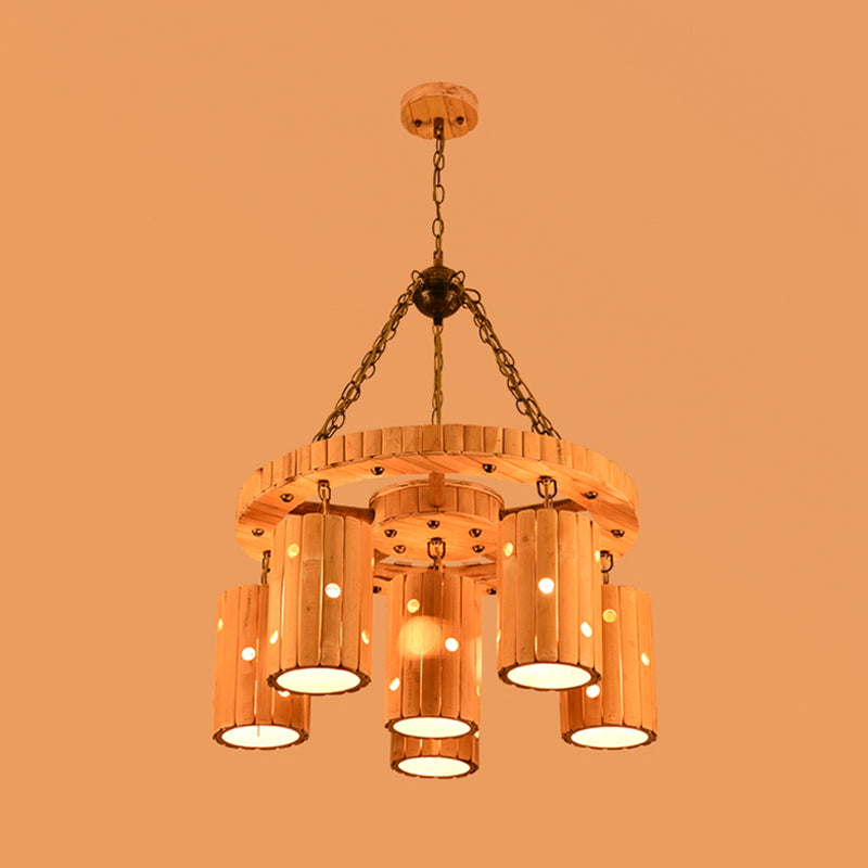 Beige Etched Cylinder Hanging Chandelier Farmhouse Bamboo 6 Lights Restaurant Suspension Light with Wheel Design Clearhalo 'Ceiling Lights' 'Chandeliers' 'Industrial Chandeliers' 'Industrial' 'Middle Century Chandeliers' 'Tiffany' Lighting' 728365