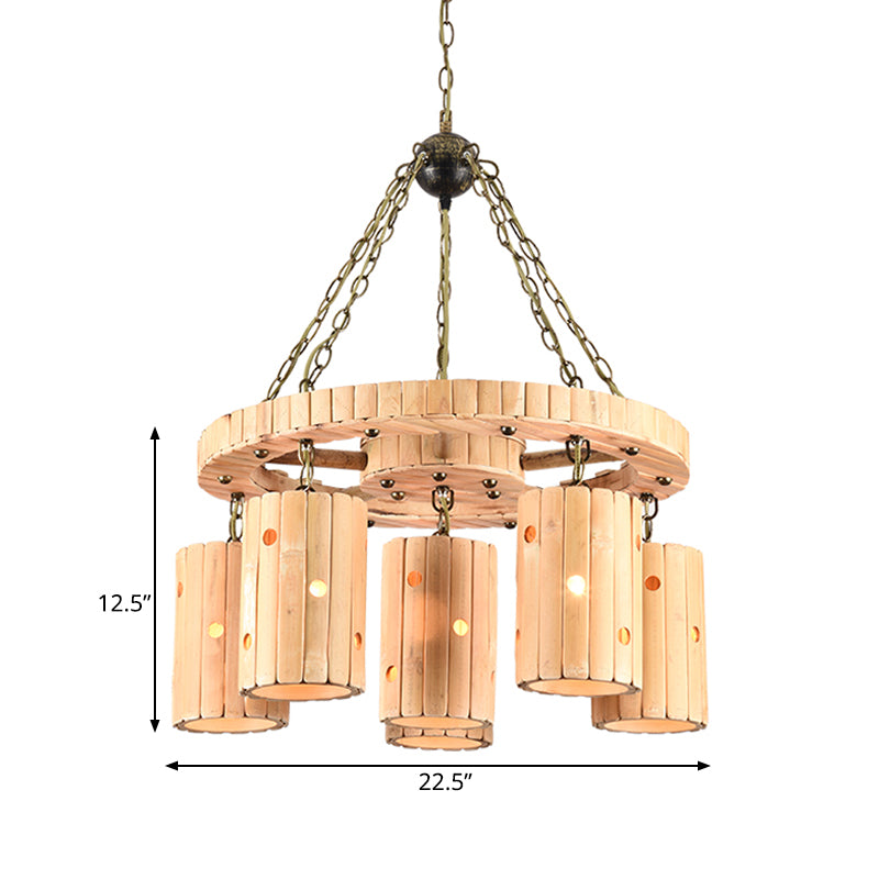 Beige Etched Cylinder Hanging Chandelier Farmhouse Bamboo 6 Lights Restaurant Suspension Light with Wheel Design Clearhalo 'Ceiling Lights' 'Chandeliers' 'Industrial Chandeliers' 'Industrial' 'Middle Century Chandeliers' 'Tiffany' Lighting' 728366