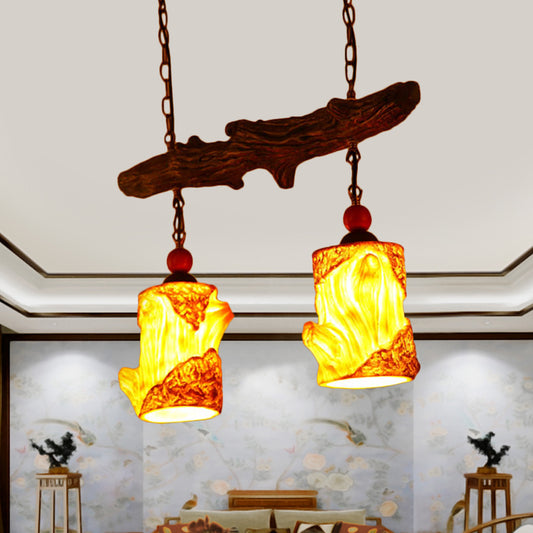 2-Light Resin Ceiling Chandelier Warehouse Yellow Cylinder Living Room Suspension Pendant with Linear Beam Yellow Clearhalo 'Ceiling Lights' 'Chandeliers' 'Industrial Chandeliers' 'Industrial' 'Middle Century Chandeliers' 'Tiffany' Lighting' 728367