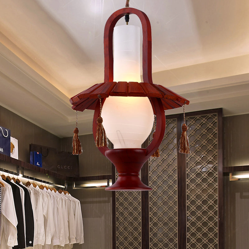 Kerosene Opal Glass Hanging Light Fixture Retro Style 1-Bulb Dining Room Ceiling Lamp in Red Brown with Wood Frame Red Brown Clearhalo 'Ceiling Lights' 'Glass shade' 'Glass' 'Industrial Pendants' 'Industrial' 'Middle Century Pendants' 'Pendant Lights' 'Pendants' 'Tiffany' Lighting' 728382