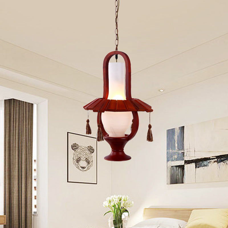 Kerosene Opal Glass Hanging Light Fixture Retro Style 1-Bulb Dining Room Ceiling Lamp in Red Brown with Wood Frame Clearhalo 'Ceiling Lights' 'Glass shade' 'Glass' 'Industrial Pendants' 'Industrial' 'Middle Century Pendants' 'Pendant Lights' 'Pendants' 'Tiffany' Lighting' 728383
