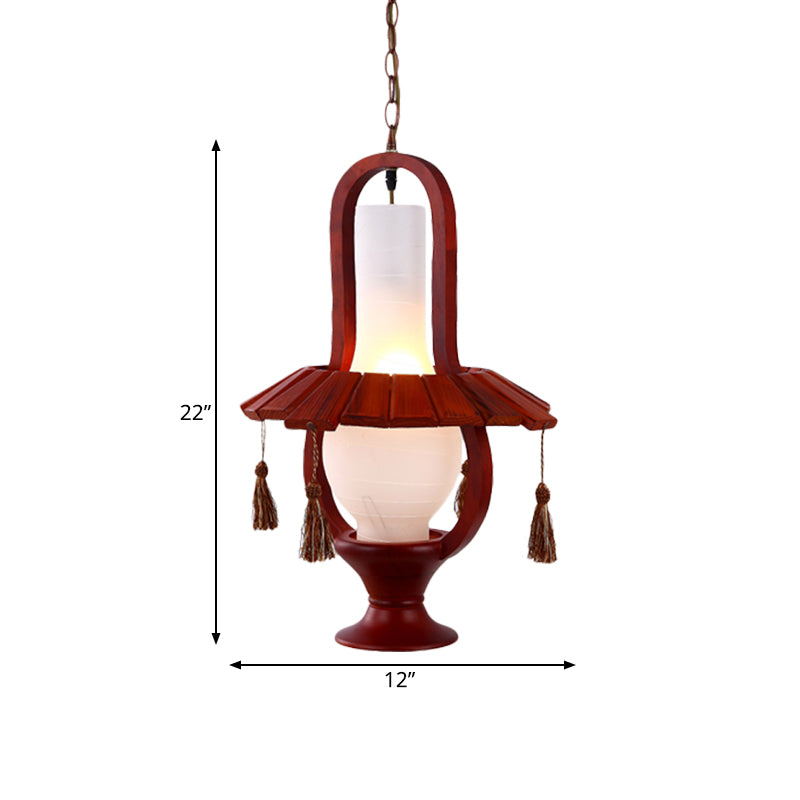 Kerosene Opal Glass Hanging Light Fixture Retro Style 1-Bulb Dining Room Ceiling Lamp in Red Brown with Wood Frame Clearhalo 'Ceiling Lights' 'Glass shade' 'Glass' 'Industrial Pendants' 'Industrial' 'Middle Century Pendants' 'Pendant Lights' 'Pendants' 'Tiffany' Lighting' 728386