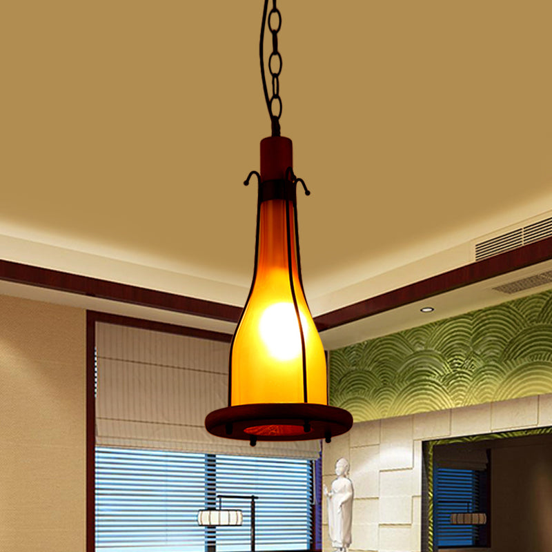 Brown 1 Head Ceiling Pendant Warehouse Yellow Glass Bottle Hanging Light Kit with Wood Tray Design Yellow Clearhalo 'Ceiling Lights' 'Glass shade' 'Glass' 'Industrial Pendants' 'Industrial' 'Middle Century Pendants' 'Pendant Lights' 'Pendants' 'Tiffany' Lighting' 728397