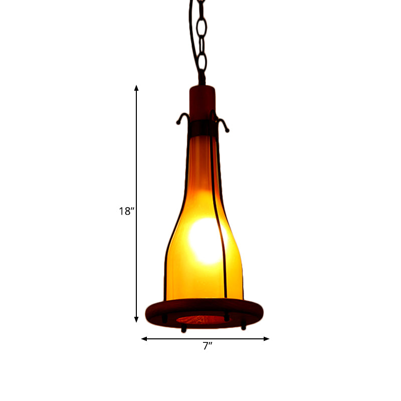 Brown 1 Head Ceiling Pendant Warehouse Yellow Glass Bottle Hanging Light Kit with Wood Tray Design Clearhalo 'Ceiling Lights' 'Glass shade' 'Glass' 'Industrial Pendants' 'Industrial' 'Middle Century Pendants' 'Pendant Lights' 'Pendants' 'Tiffany' Lighting' 728401