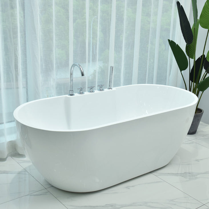 Antique Finish Stand Alone Bathtub Modern Soaking Oval Bath Tub White Tub with Silver 5-Piece Set Clearhalo 'Bathroom Remodel & Bathroom Fixtures' 'Bathtubs' 'Home Improvement' 'home_improvement' 'home_improvement_bathtubs' 'Showers & Bathtubs' 7285267