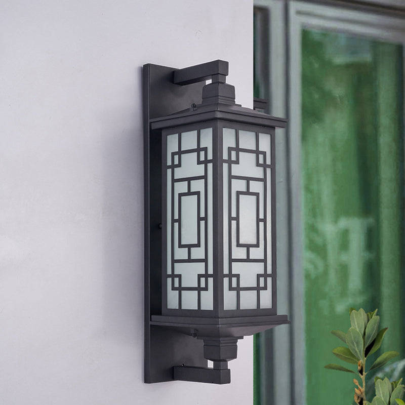 Black 1 Head Wall Sconce Lighting Country Opal Glass Cuboid Wall Lamp with Curved/Rectangle Pattern Clearhalo 'Wall Lamps & Sconces' 'Wall Lights' Lighting' 728643