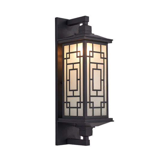 Black 1 Head Wall Sconce Lighting Country Opal Glass Cuboid Wall Lamp with Curved/Rectangle Pattern Clearhalo 'Wall Lamps & Sconces' 'Wall Lights' Lighting' 728644