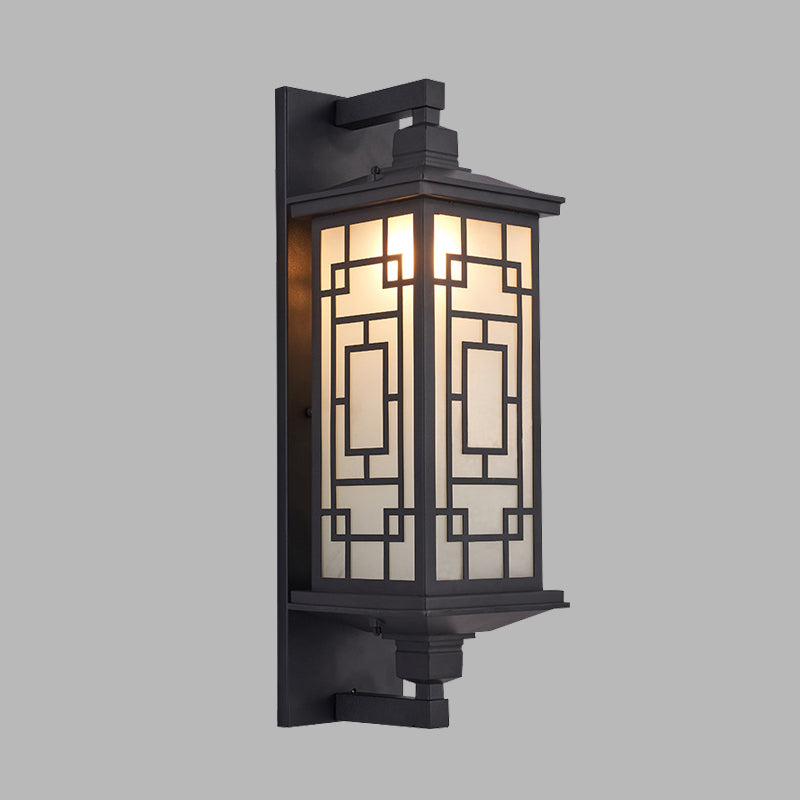 Black 1 Head Wall Sconce Lighting Country Opal Glass Cuboid Wall Lamp with Curved/Rectangle Pattern Clearhalo 'Wall Lamps & Sconces' 'Wall Lights' Lighting' 728645