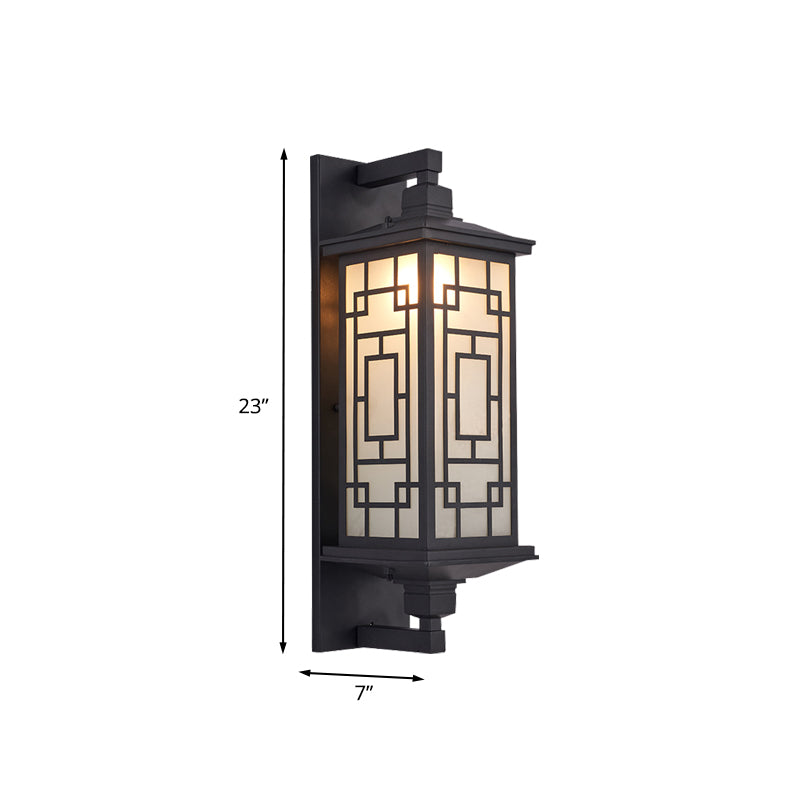 Black 1 Head Wall Sconce Lighting Country Opal Glass Cuboid Wall Lamp with Curved/Rectangle Pattern Clearhalo 'Wall Lamps & Sconces' 'Wall Lights' Lighting' 728646