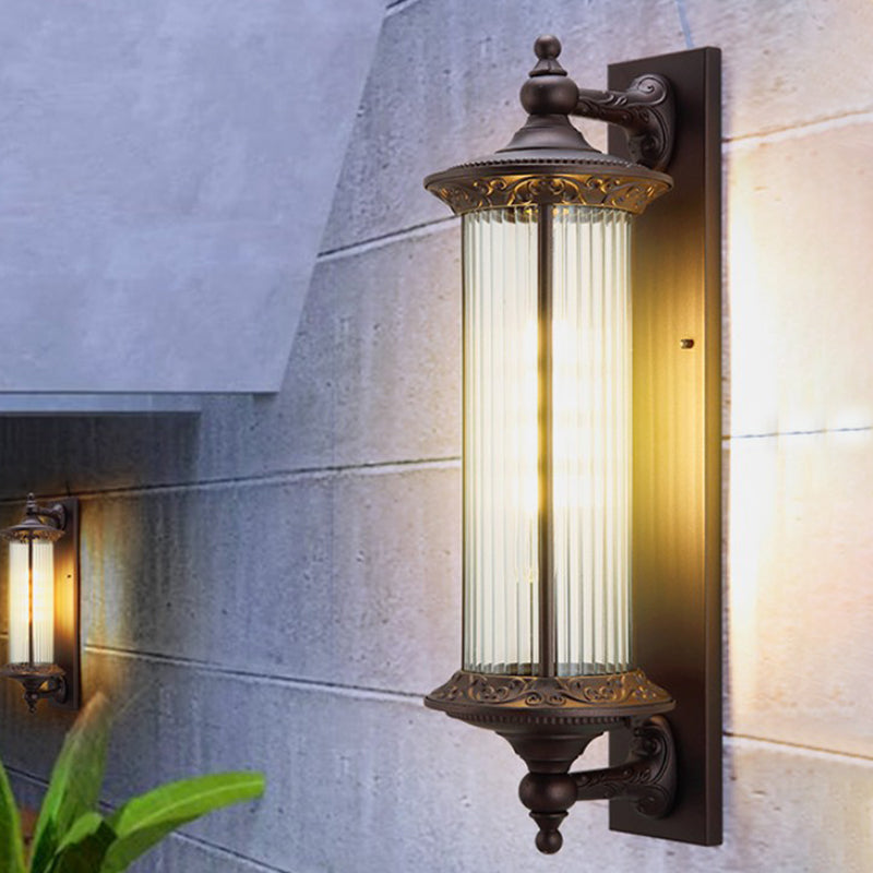 1-Light Sconce Country Outdoor Wall Mount Lamp Fixture with Cylinder Clear Ribbed Glass Shade in Dark Coffee Dark Coffee Clearhalo 'Wall Lamps & Sconces' 'Wall Lights' Lighting' 728656