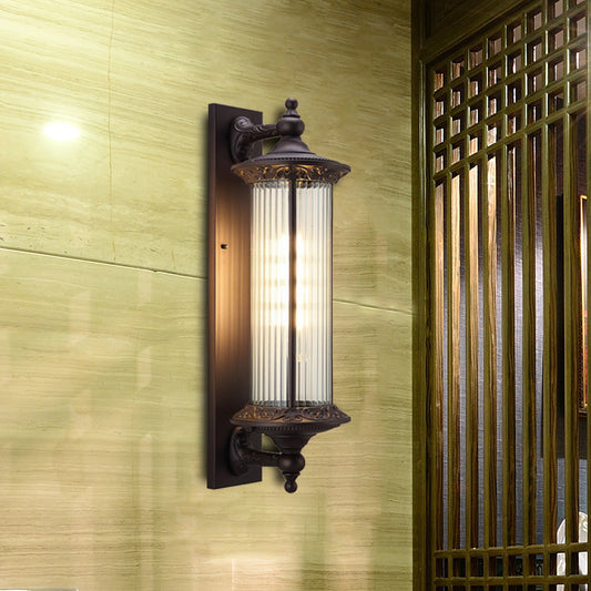 1-Light Sconce Country Outdoor Wall Mount Lamp Fixture with Cylinder Clear Ribbed Glass Shade in Dark Coffee Clearhalo 'Wall Lamps & Sconces' 'Wall Lights' Lighting' 728657