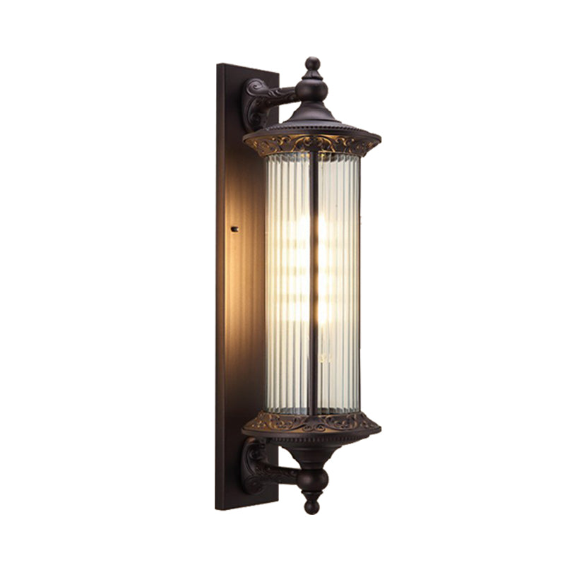 1-Light Sconce Country Outdoor Wall Mount Lamp Fixture with Cylinder Clear Ribbed Glass Shade in Dark Coffee Clearhalo 'Wall Lamps & Sconces' 'Wall Lights' Lighting' 728658