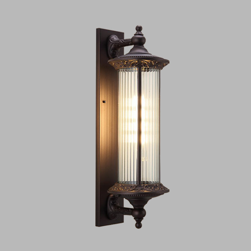 1-Light Sconce Country Outdoor Wall Mount Lamp Fixture with Cylinder Clear Ribbed Glass Shade in Dark Coffee Clearhalo 'Wall Lamps & Sconces' 'Wall Lights' Lighting' 728659