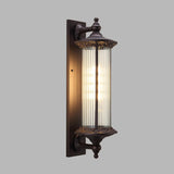 1-Light Sconce Country Outdoor Wall Mount Lamp Fixture with Cylinder Clear Ribbed Glass Shade in Dark Coffee Clearhalo 'Wall Lamps & Sconces' 'Wall Lights' Lighting' 728659