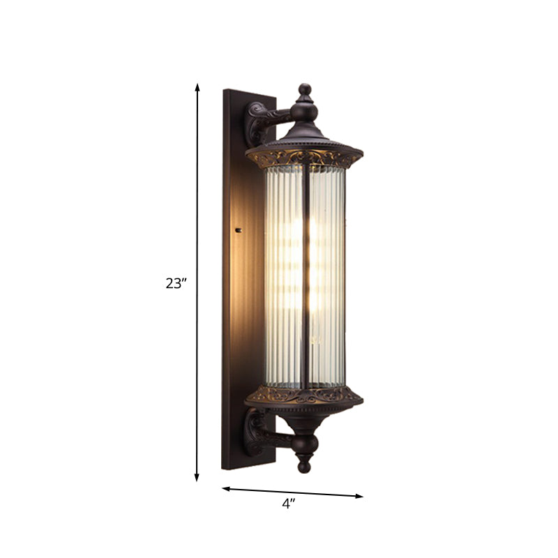 1-Light Sconce Country Outdoor Wall Mount Lamp Fixture with Cylinder Clear Ribbed Glass Shade in Dark Coffee Clearhalo 'Wall Lamps & Sconces' 'Wall Lights' Lighting' 728660