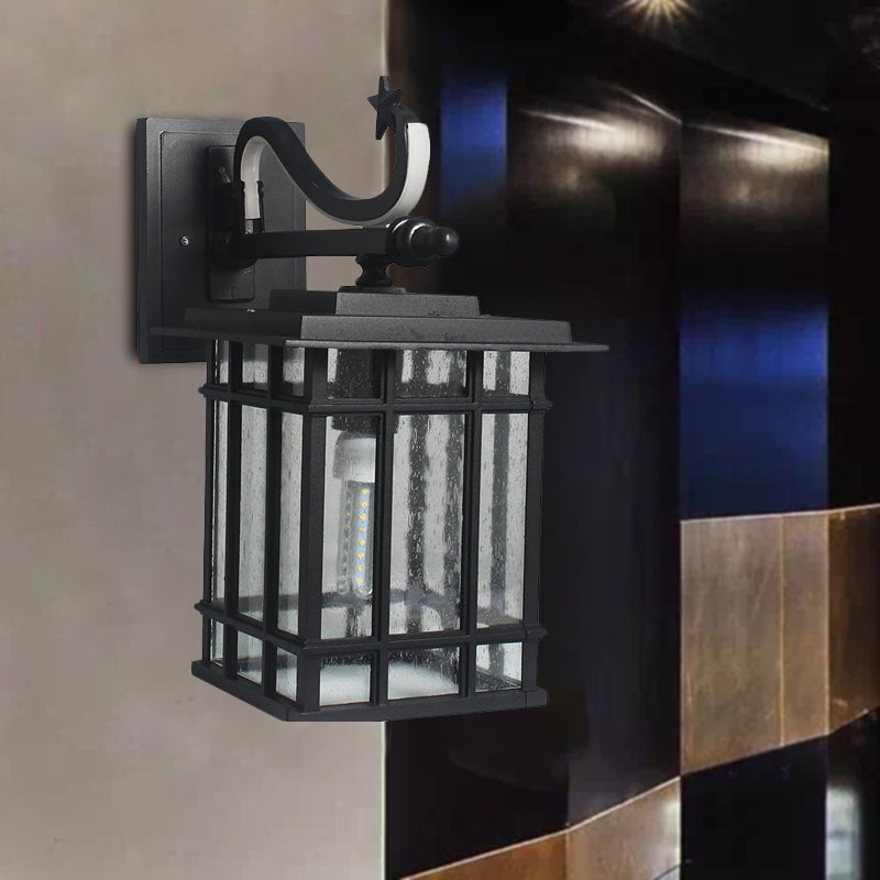 1-Head Wall Lighting Fixture Country Courtyard Sconce Lamp with Cuboid Seeded Glass Shade in Black Black Clearhalo 'Wall Lamps & Sconces' 'Wall Lights' Lighting' 728693