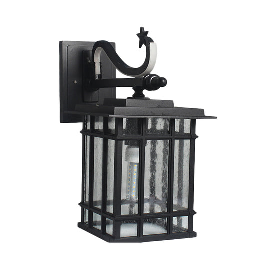 1-Head Wall Lighting Fixture Country Courtyard Sconce Lamp with Cuboid Seeded Glass Shade in Black Clearhalo 'Wall Lamps & Sconces' 'Wall Lights' Lighting' 728695