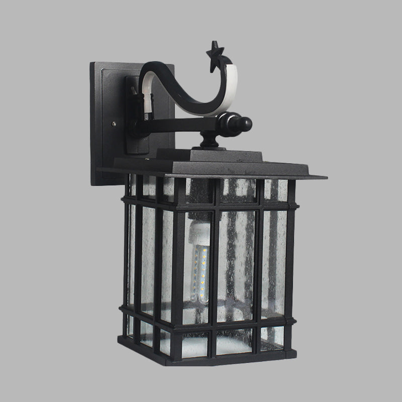 1-Head Wall Lighting Fixture Country Courtyard Sconce Lamp with Cuboid Seeded Glass Shade in Black Clearhalo 'Wall Lamps & Sconces' 'Wall Lights' Lighting' 728696