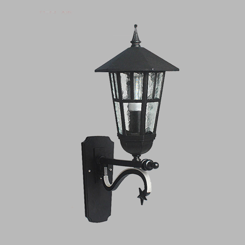 1-Bulb Urn Wall Sconce Farmhouse Black Clear Water/Tan Ribbed Glass Wall Mounted Lamp, 20"/21.5" Wide Clearhalo 'Wall Lamps & Sconces' 'Wall Lights' Lighting' 728711