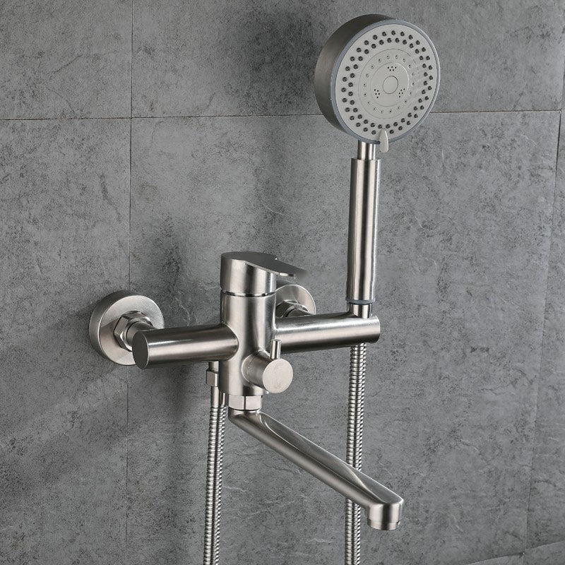 Bathroom Bathtub Faucet Rod Handle Handheld Shower Head Bathtub Faucet Silver Clearhalo 'Bathroom Remodel & Bathroom Fixtures' 'Bathtub Faucets' 'bathtub_faucets' 'Home Improvement' 'home_improvement' 'home_improvement_bathtub_faucets' 7287190