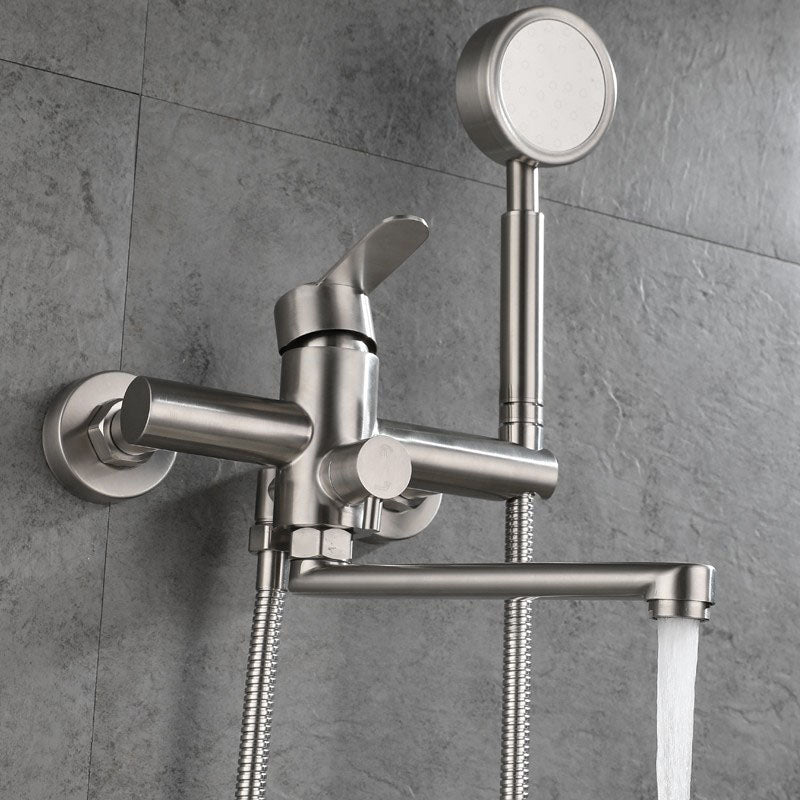 Bathroom Bathtub Faucet Rod Handle Handheld Shower Head Bathtub Faucet Nickel Clearhalo 'Bathroom Remodel & Bathroom Fixtures' 'Bathtub Faucets' 'bathtub_faucets' 'Home Improvement' 'home_improvement' 'home_improvement_bathtub_faucets' 7287193