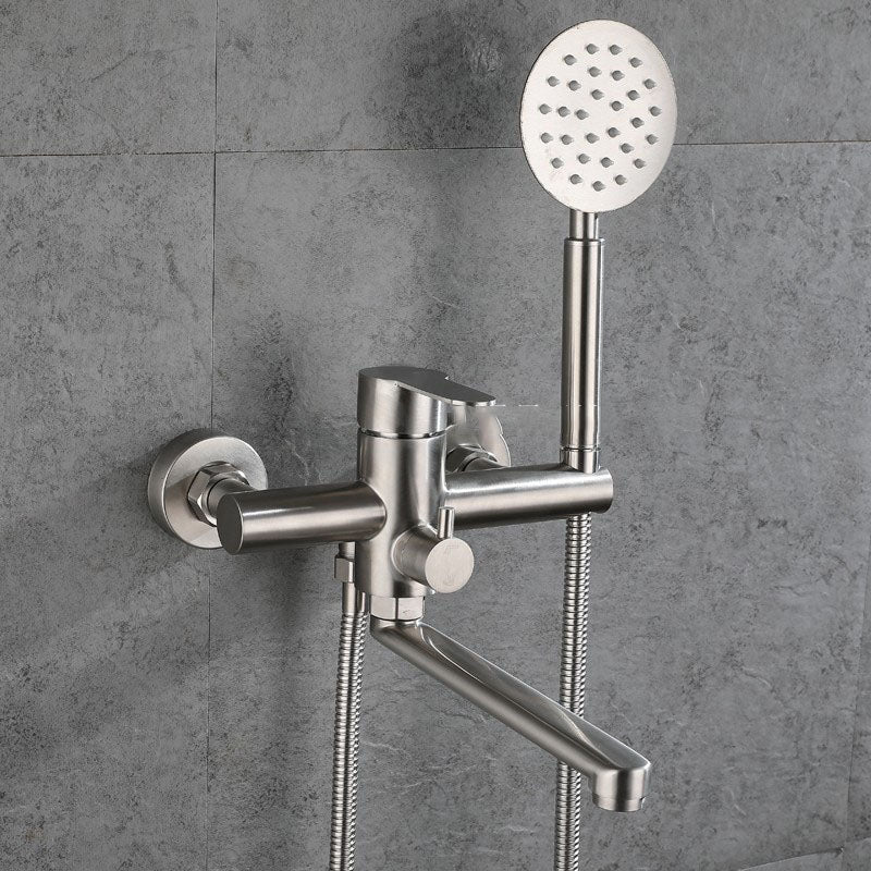 Bathroom Bathtub Faucet Rod Handle Handheld Shower Head Bathtub Faucet Chrome Clearhalo 'Bathroom Remodel & Bathroom Fixtures' 'Bathtub Faucets' 'bathtub_faucets' 'Home Improvement' 'home_improvement' 'home_improvement_bathtub_faucets' 7287195