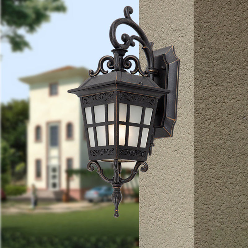 1-Light White Frosted Glass Sconce Lamp Lodges Black Finish Tower Shape Outdoor Wall Lighting Ideas Clearhalo 'Wall Lamps & Sconces' 'Wall Lights' Lighting' 728728