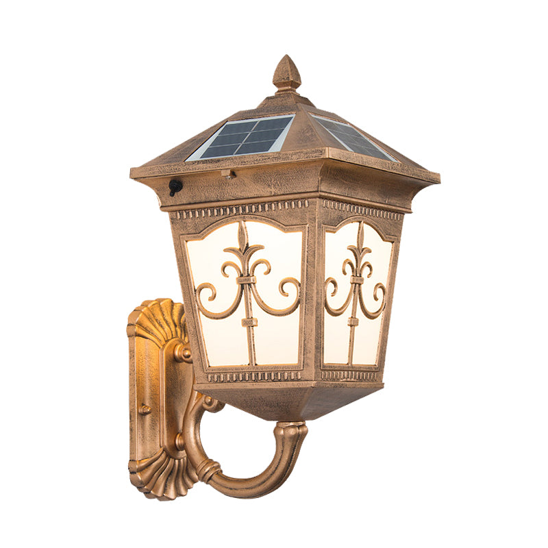 Aluminum Quartet Religion Wall Lamp Rustic 1-Light Courtyard Sconce Lighting in Brass with Solar Energy Panel Clearhalo 'Wall Lamps & Sconces' 'Wall Lights' Lighting' 728769