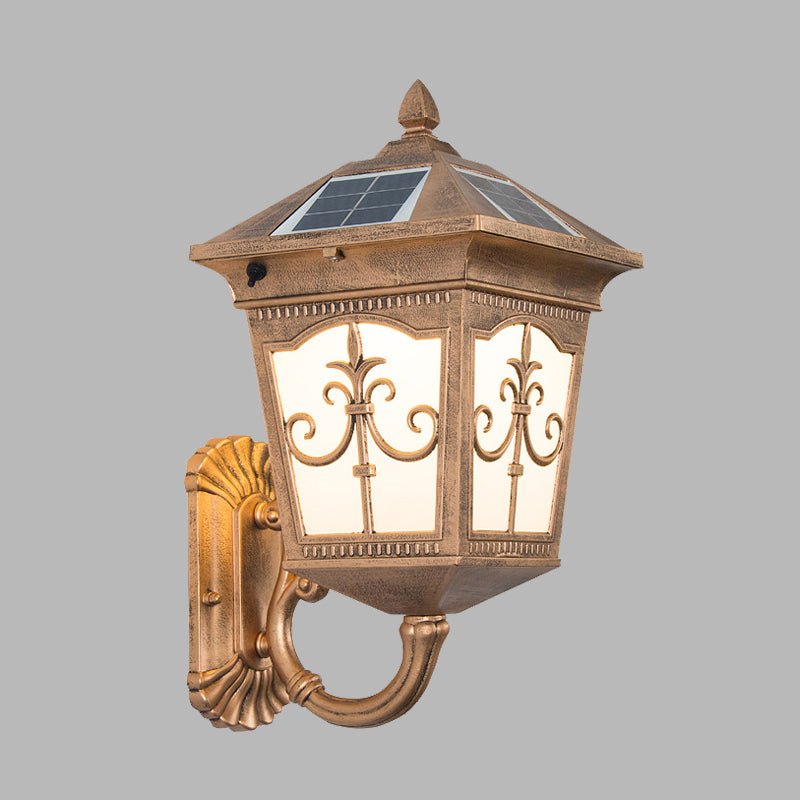 Aluminum Quartet Religion Wall Lamp Rustic 1-Light Courtyard Sconce Lighting in Brass with Solar Energy Panel Clearhalo 'Wall Lamps & Sconces' 'Wall Lights' Lighting' 728770