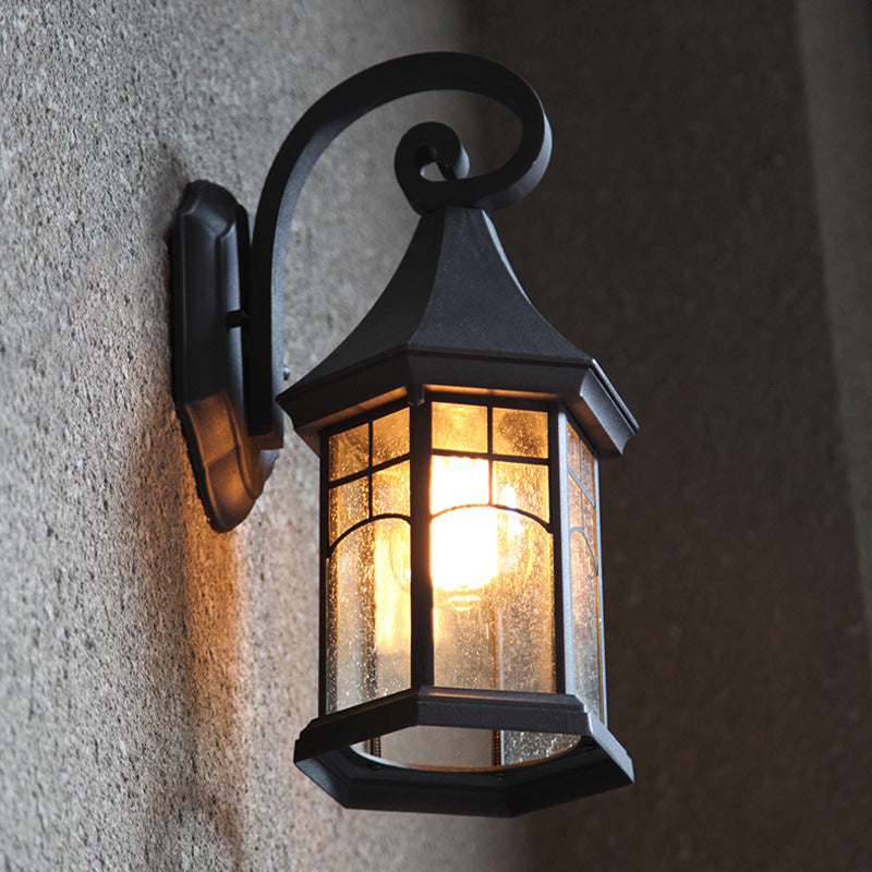 Seeded Glass Pavilion Sconce Light Farmhouse 1 Light Outdoor Wall Mount Lamp in Black/Bronze with Open Bottom Design Black Clearhalo 'Wall Lamps & Sconces' 'Wall Lights' Lighting' 728777