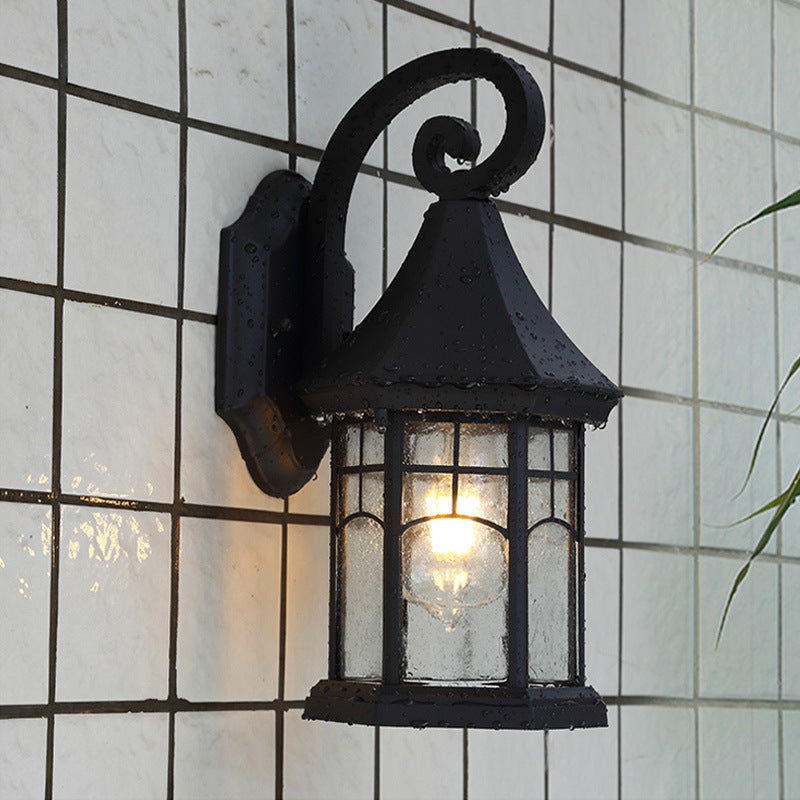 Seeded Glass Pavilion Sconce Light Farmhouse 1 Light Outdoor Wall Mount Lamp in Black/Bronze with Open Bottom Design Clearhalo 'Wall Lamps & Sconces' 'Wall Lights' Lighting' 728778