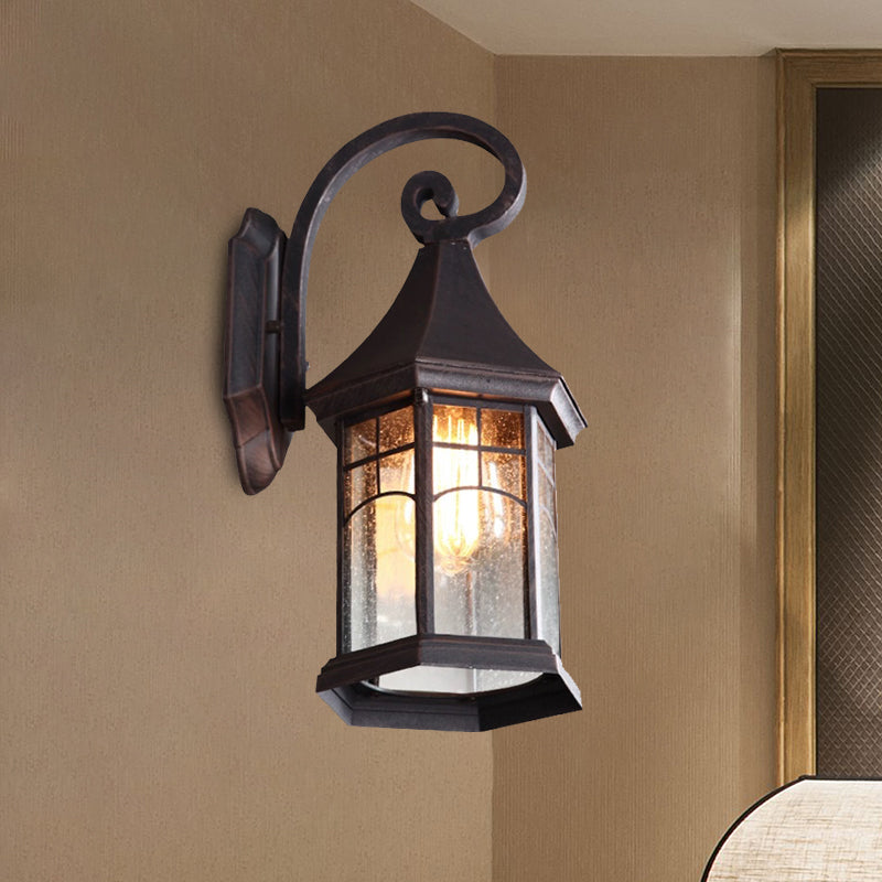 Seeded Glass Pavilion Sconce Light Farmhouse 1 Light Outdoor Wall Mount Lamp in Black/Bronze with Open Bottom Design Bronze Clearhalo 'Wall Lamps & Sconces' 'Wall Lights' Lighting' 728782