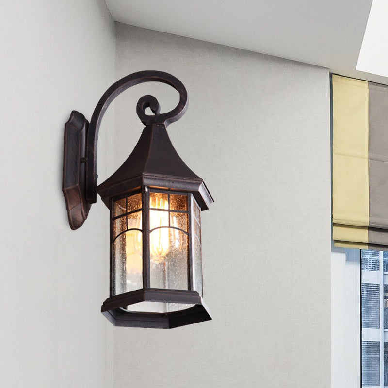 Seeded Glass Pavilion Sconce Light Farmhouse 1 Light Outdoor Wall Mount Lamp in Black/Bronze with Open Bottom Design Clearhalo 'Wall Lamps & Sconces' 'Wall Lights' Lighting' 728783