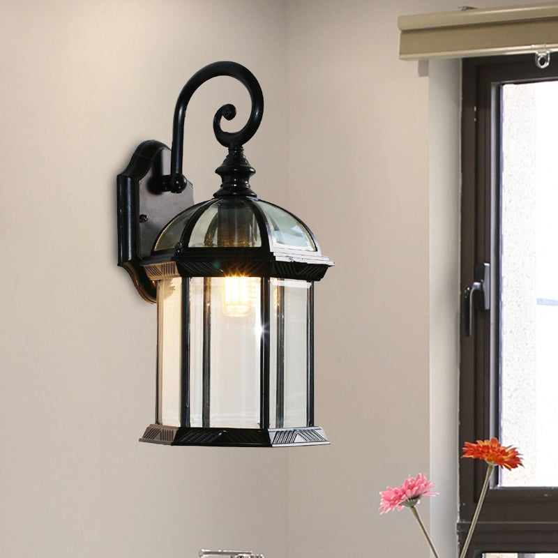 Birdcage Outdoor Wall Mounted Light Rustic Clear/Frosted Glass 1-Head Black/Bronze Finish Wall Sconce Black Clear Glass Clearhalo 'Wall Lamps & Sconces' 'Wall Lights' Lighting' 728795