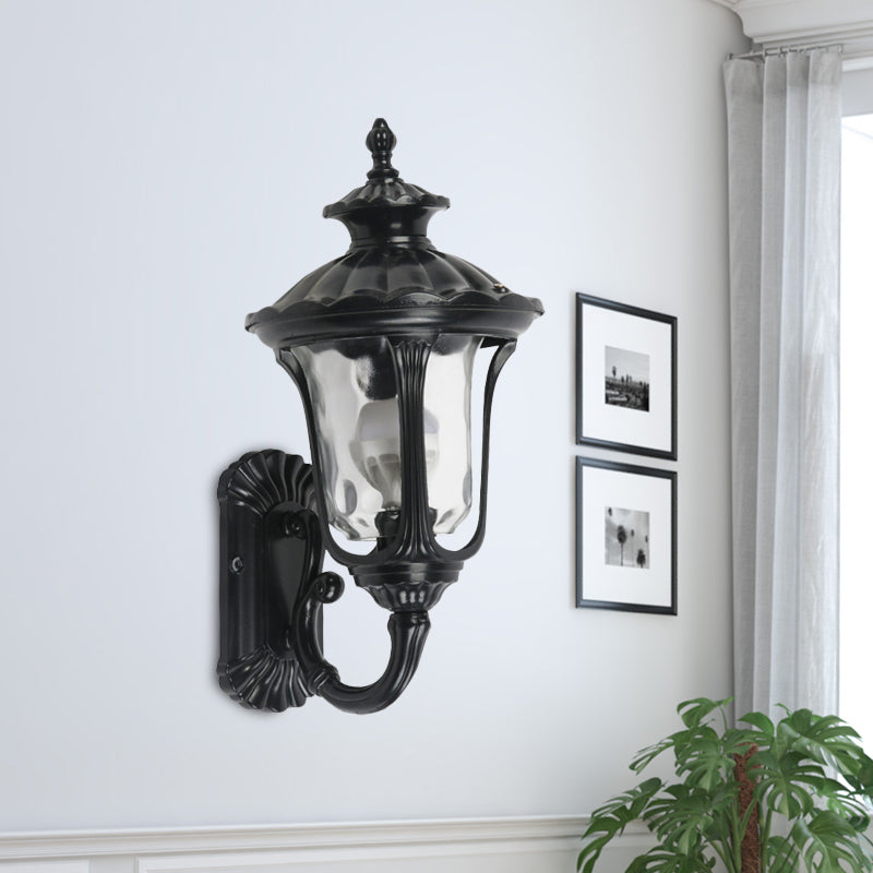 Rustic Urn Wall Light Sconce 1-Head Aluminum Wall Mount Lamp in Black/Bronze with Water Glass Shade for Corridor Black Clearhalo 'Wall Lamps & Sconces' 'Wall Lights' Lighting' 728830