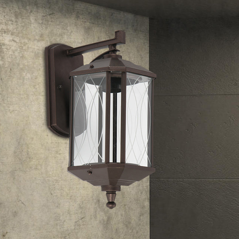 1-Head Cuboid Wall Mount Lighting Lodges Dark Coffee Clear Textured Glass Wall Sconce Lamp Dark Coffee Clearhalo 'Wall Lamps & Sconces' 'Wall Lights' Lighting' 728843