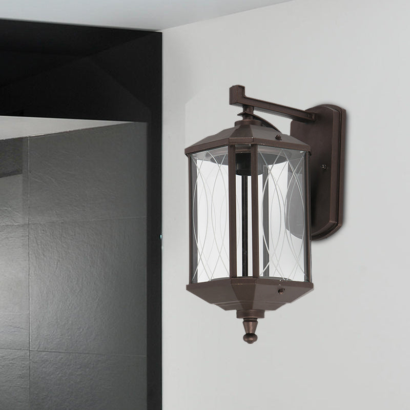 1-Head Cuboid Wall Mount Lighting Lodges Dark Coffee Clear Textured Glass Wall Sconce Lamp Clearhalo 'Wall Lamps & Sconces' 'Wall Lights' Lighting' 728844