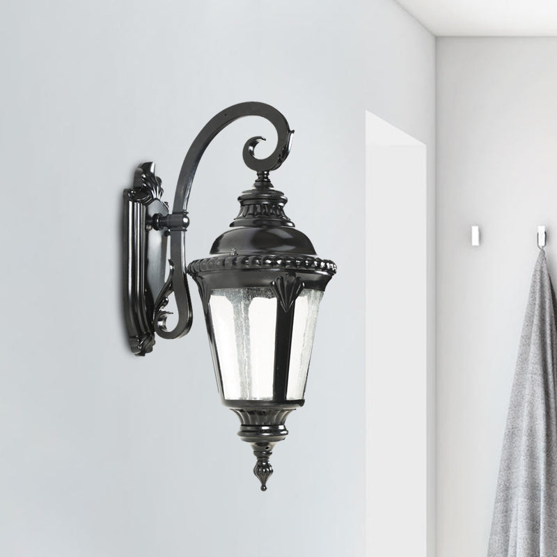 1-Light Sconce Rustic Courtyard Wall Lighting Ideas with Urn Clear Seeded Glass Shade in Black Clearhalo 'Wall Lamps & Sconces' 'Wall Lights' Lighting' 728869