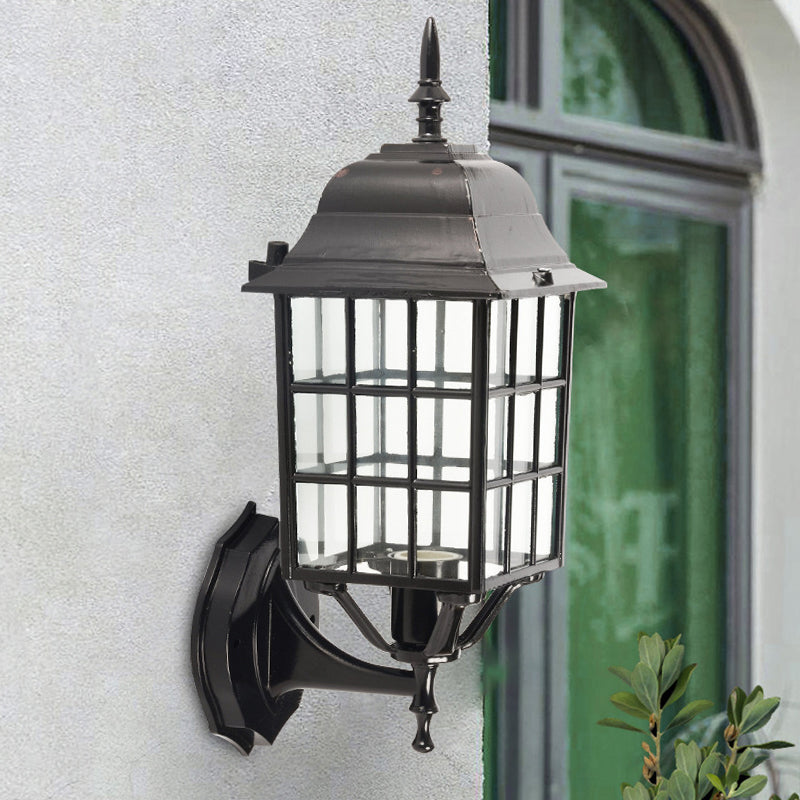 Grid Aluminum Wall Sconce Lodges 1 Bulb Courtyard Wall Light Fixture with Clear Glass Shade in Black Black Clearhalo 'Wall Lamps & Sconces' 'Wall Lights' Lighting' 728903