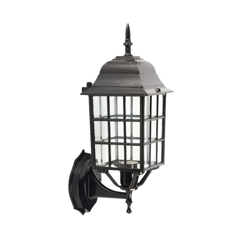 Grid Aluminum Wall Sconce Lodges 1 Bulb Courtyard Wall Light Fixture with Clear Glass Shade in Black Clearhalo 'Wall Lamps & Sconces' 'Wall Lights' Lighting' 728905